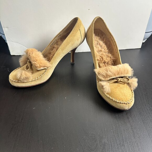StUnNiNg Fur Lined DELMAN Suede Loafer Style Heels Tan Brown Size 7.5 - Picture 2 of 15
